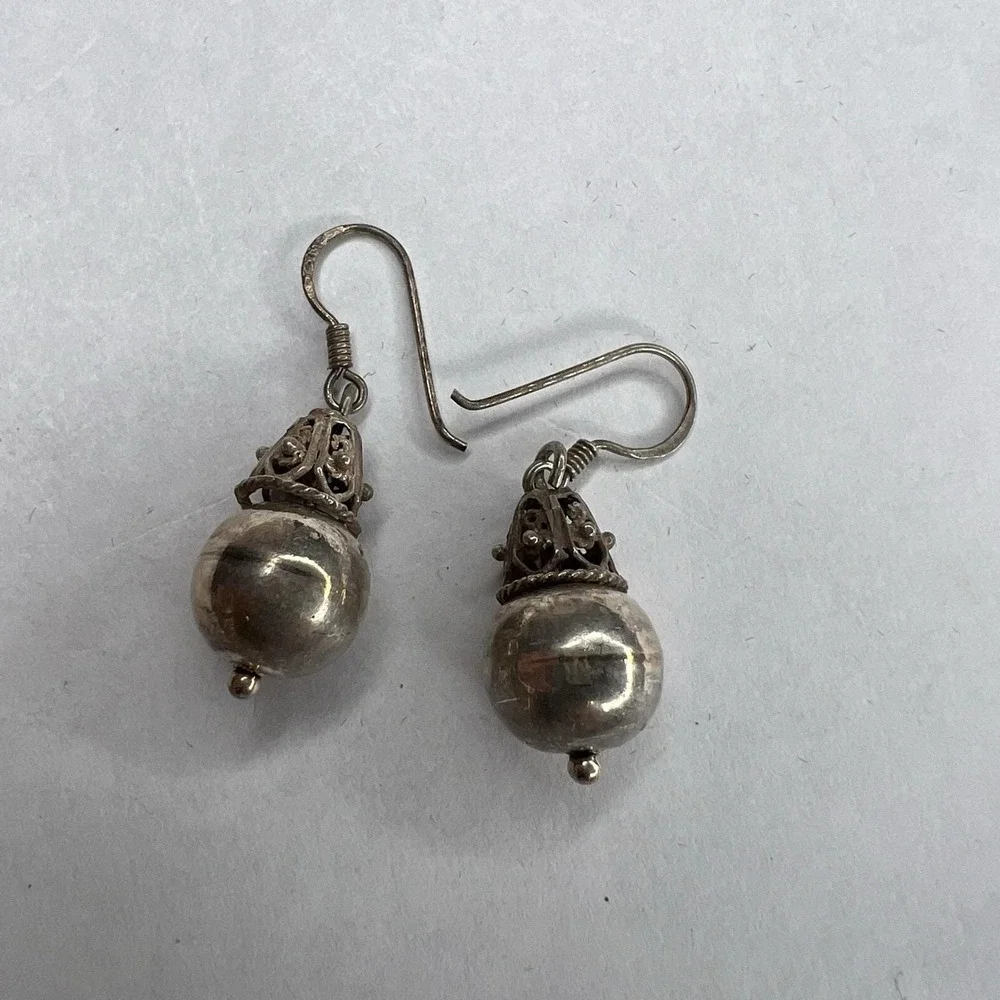 MC Vintage Sterling Silver‎ 925 Filigree Cone Bead Ball Dangle Earrings
